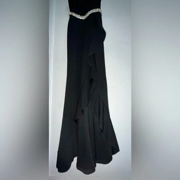 Black Halter Evening Gown w/ Rhinestone Crystal Belt – Formal Maxi Dress - Picture 5 of 7